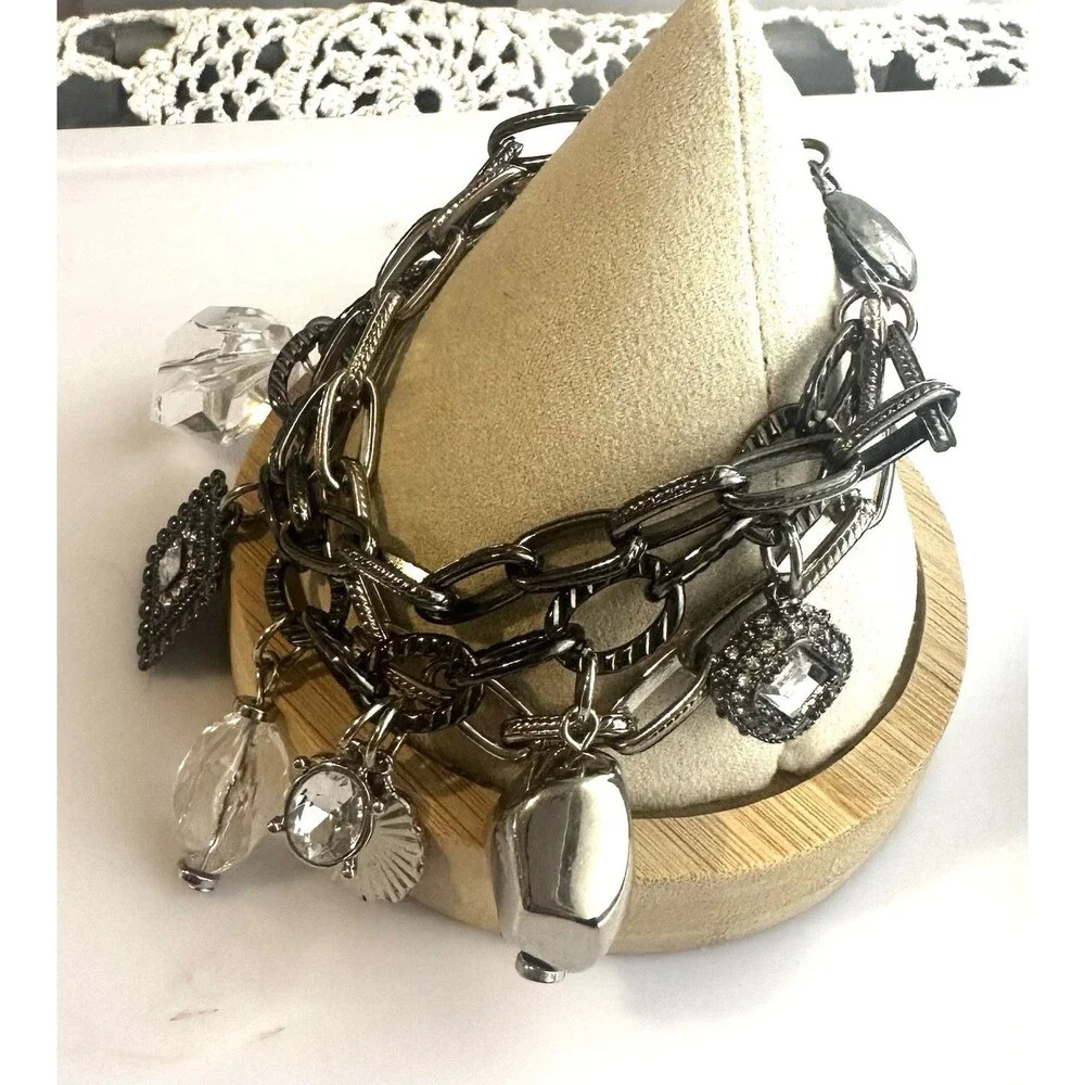 Gunmetal Multi Strand Charm Bracelet Crystal Rhinestone Chunky Statement 7